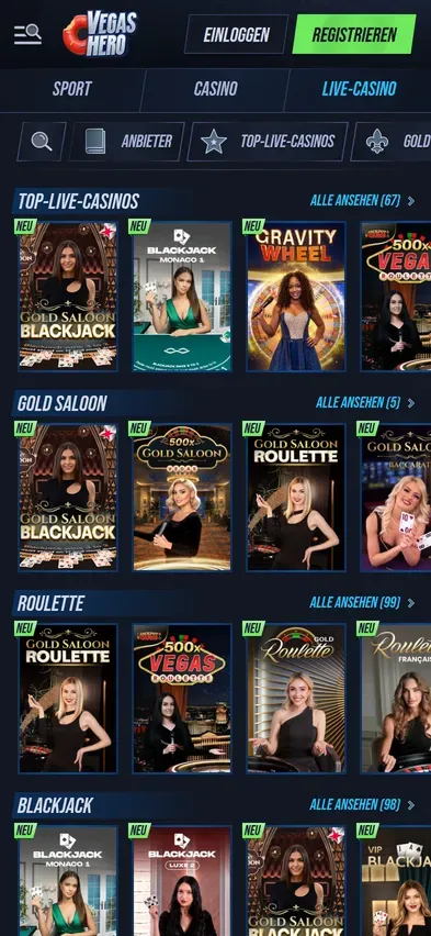 Screenshot des Live-Casinos von Vegashero mit Roulette- und Blackjack-Tischen, darunter der Gold Saloon