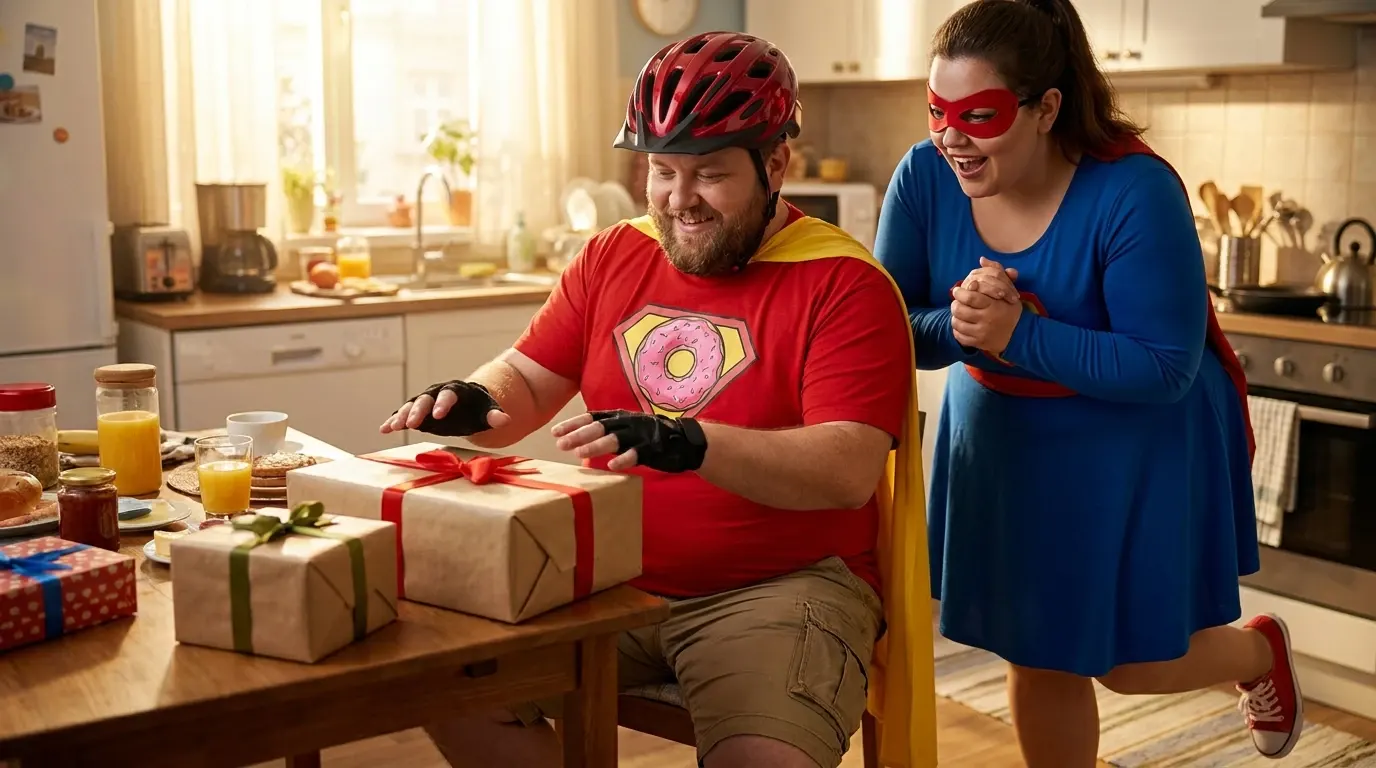 Vegashero-Held mit drei verpackten Geschenken vor dem Haus — die drei Stufen des Willkommenspakets