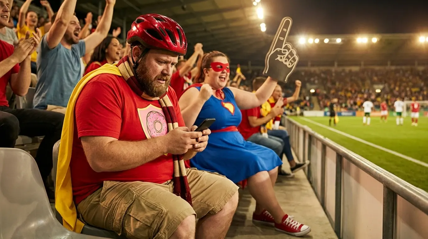 Vegashero-Held sitzt mit dem Smartphone auf der Stadiontribüne und verfolgt eine Live-Wette